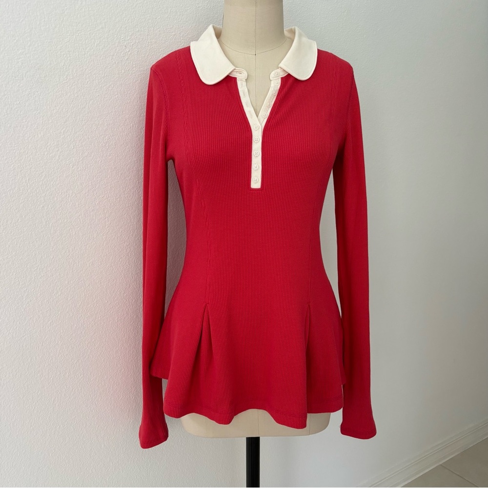 Free People Gracie Top NWT Red Cream Cotton Polo-Inspired Henley Peplum L